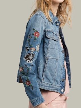 Zadig & Voltaire Light Wash Denim Embroidered Jacket with Animal Floral Skeleton